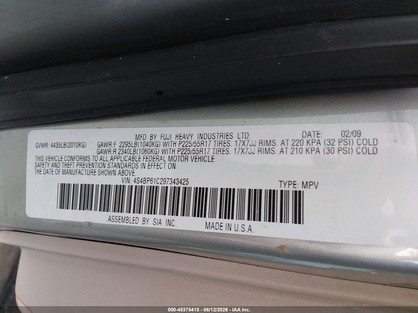 2009 SUBARU OUTBACK WAGON 2.5L H-4 VVT, 170HP