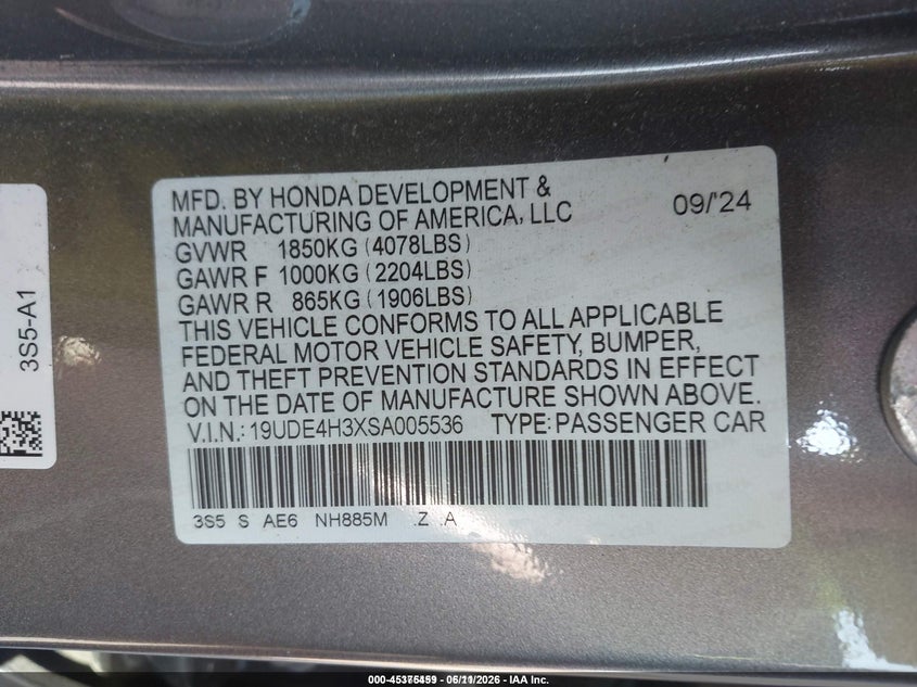 2025 Acura Integra A-Spec VIN: 19UDE4H3XSA005536 Lot: 45375459