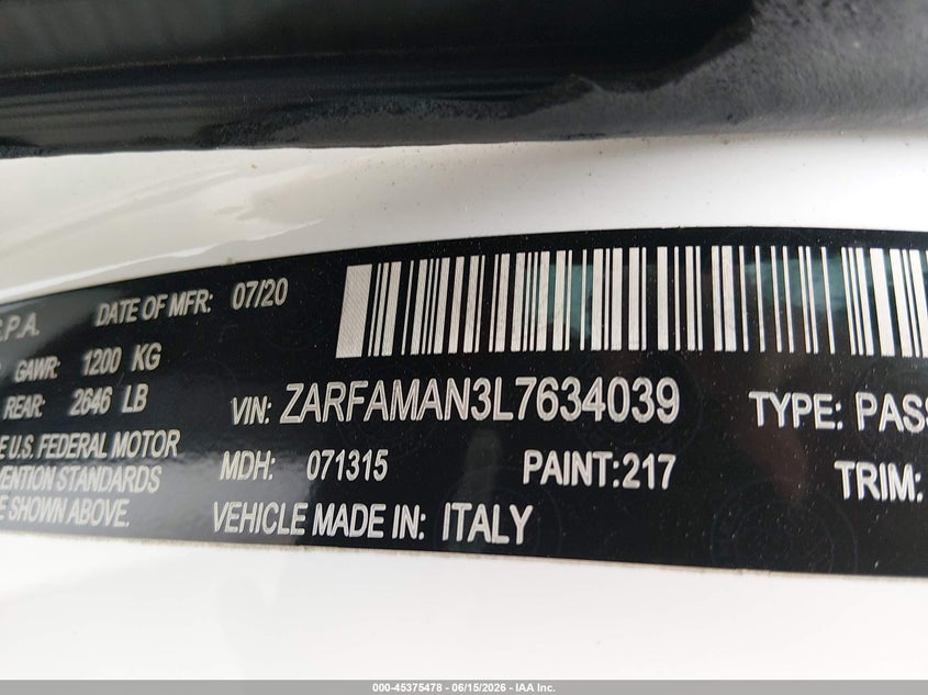 ALFA-ROMEO GIULIA 2020 VIN ZARFAMAN3L7634039