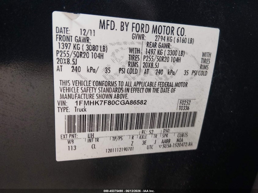 2012 Ford Explorer Limited VIN: 1FMHK7F80CGA86582 Lot: 45375498