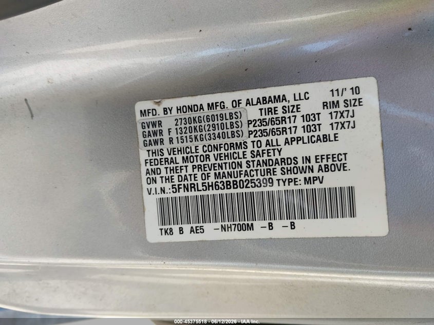 2011 Honda Odyssey Ex-L VIN: 5FNRL5H63BB025399 Lot: 45375518