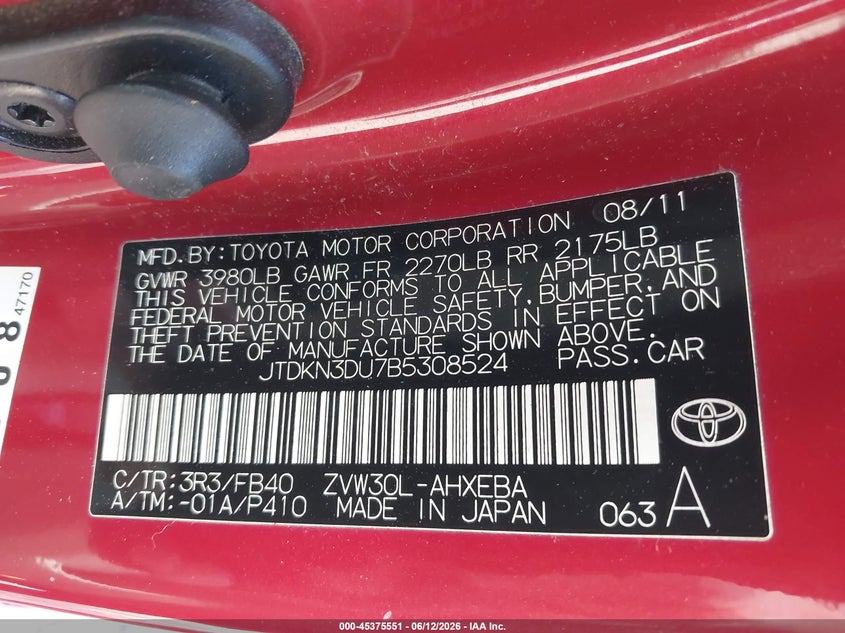 2011 Toyota Prius Two VIN: JTDKN3DU7B5308524 Lot: 45375551
