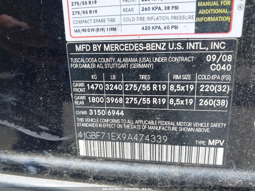 2009 Mercedes-Benz Gl 450 4Matic VIN: 4JGBF71EX9A474339 Lot: 45375637