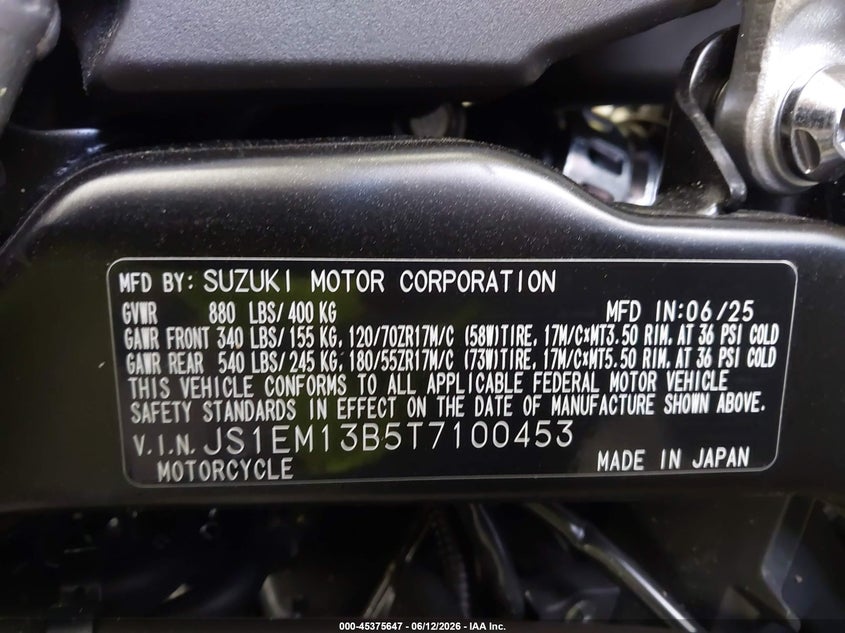 2026 Suzuki Gsx800 F VIN: JS1EM13B5T7100453 Lot: 45375647