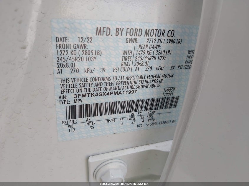 2023 FORD MUSTANG MACH-E ELECTRIC(VIN: 3FMTK4SX4PMA11997