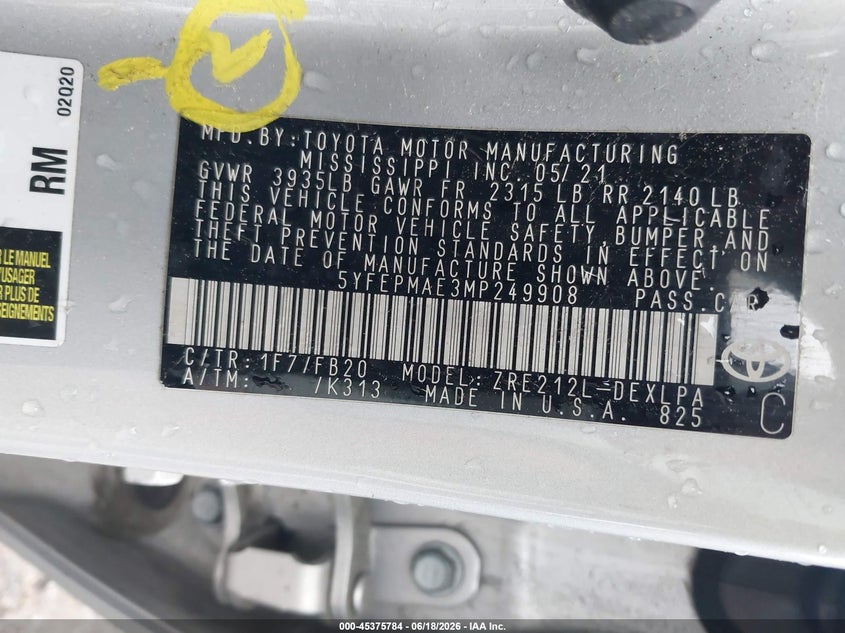 2021 TOYOTA COROLLA SEDAN 1.8L I-4 DOHC, VVT, 139HP