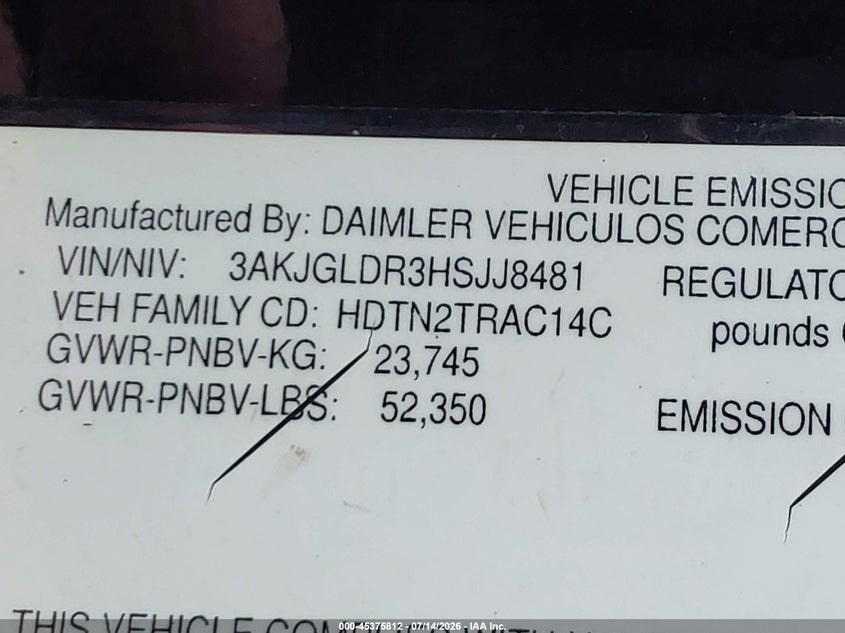 2017 FREIGHTLINER CASCADIA 125 auction photo 8