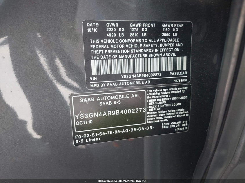 2011 Saab 9-5 Turbo4 Premium VIN: YS3GN4AR9B4002273 Lot: 45375834