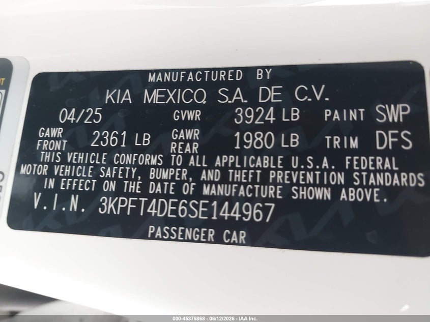 2025 Kia K4 Lxs VIN: 3KPFT4DE6SE144967 Lot: 45375868