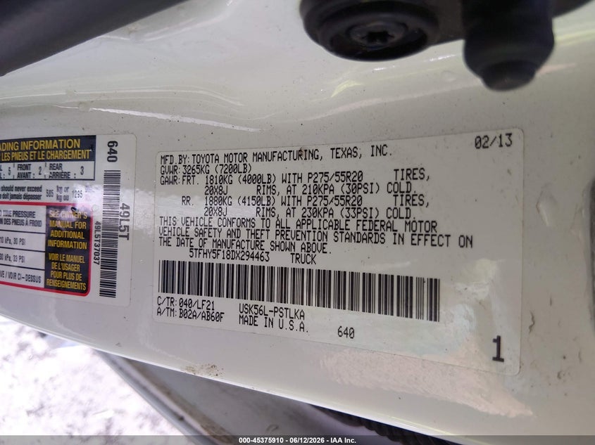 2013 Toyota Tundra Limited 5.7L V8 VIN: 5TFHY5F18DX294463 Lot: 45375910