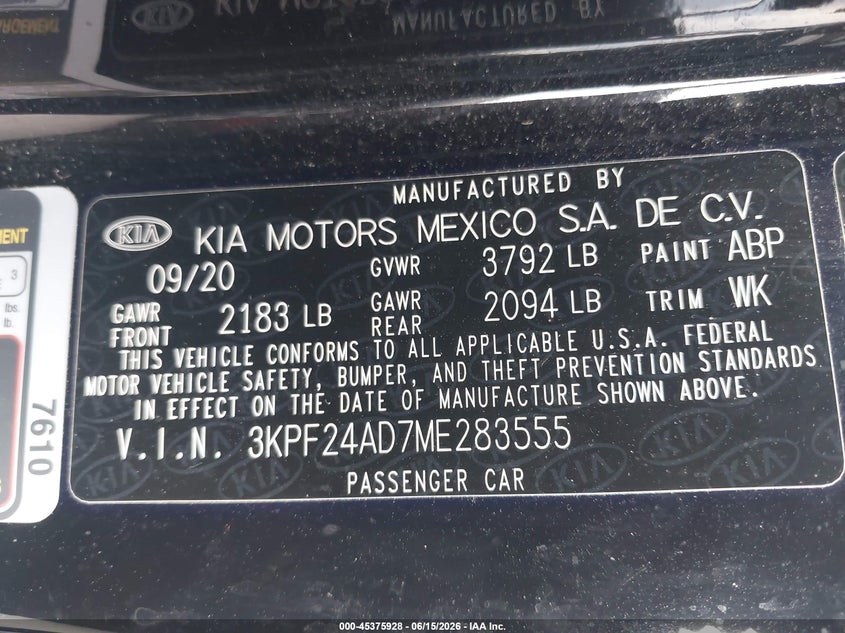 VIN 3KPF24AD7ME283555 2021 KIA FORTE LXS