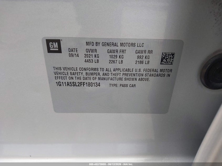 2015 CHEVROLET MALIBU SEDAN 2.5L I-4 DI, DOHC, VVT, 196HP