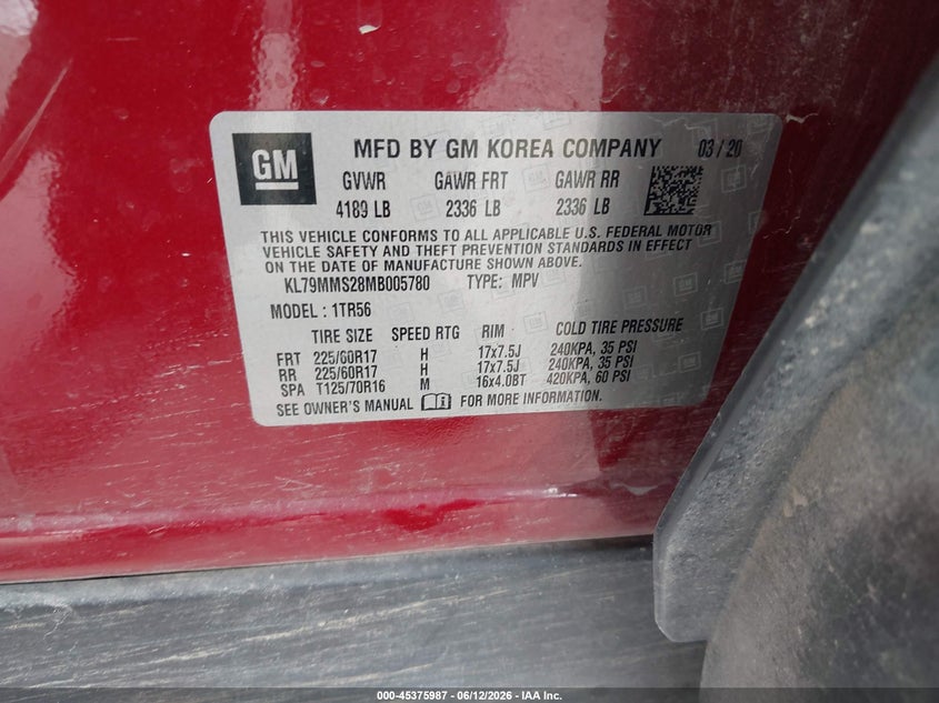 2021 Chevrolet Trailblazer Fwd Ls VIN: KL79MMS28MB005780 Lot: 45375987