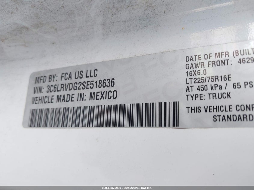 2025 RAM PROMASTER 2500(VIN: 3C6LRVDG6SE506599