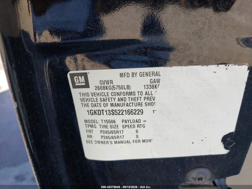 2002 GMC Envoy Sle VIN: 1GKDT13S522166229 Lot: 45376046