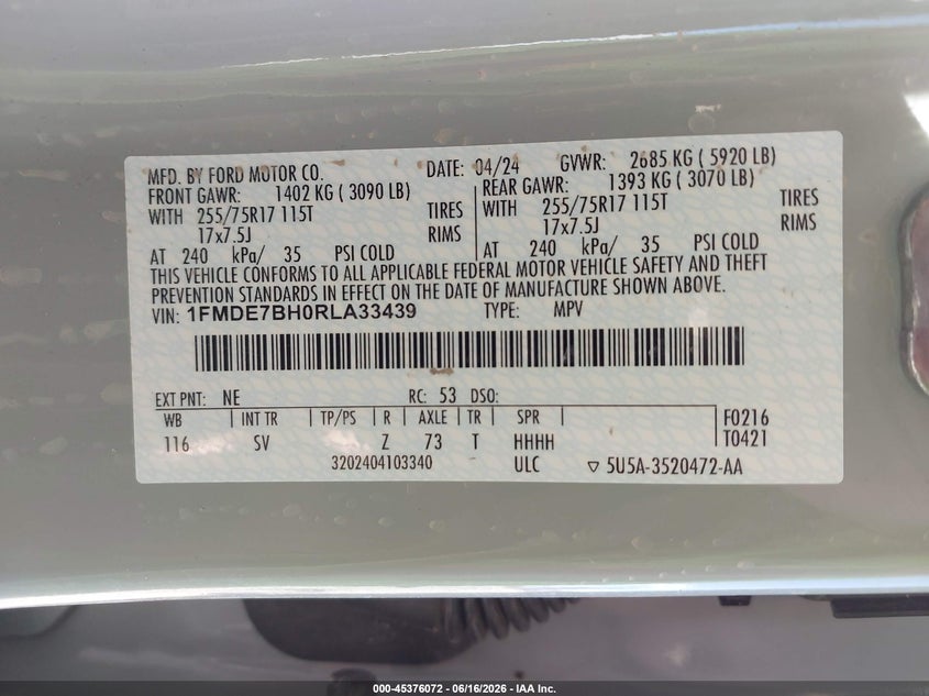2024 Ford Bronco Big Bend VIN: 1FMDE7BH0RLA33439 Lot: 45376072