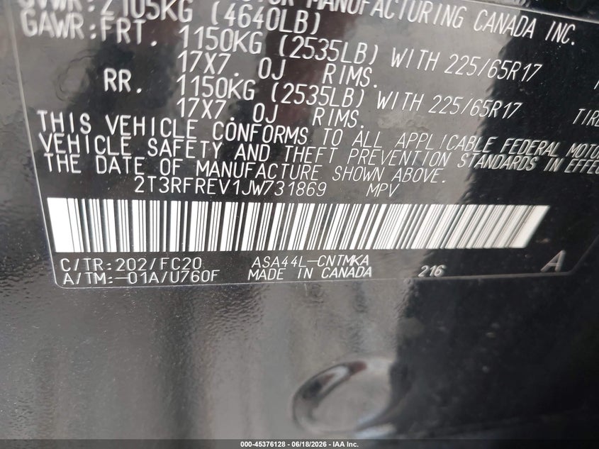 TOYOTA RAV4 2018 VIN 2T3RFREV1JW731869
