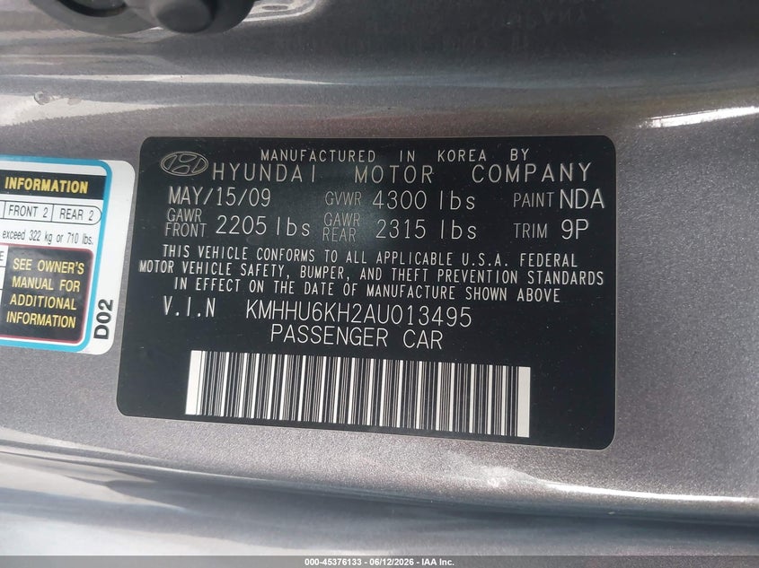 2010 Hyundai Genesis 3.8 VIN: KMHHU6KH2AU013495 Lot: 45376133