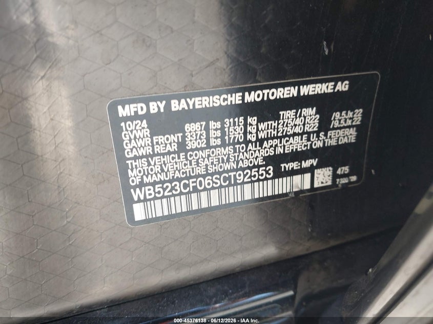 2025 BMW Ix xDrive50 VIN: WB523CF06SCT92553 Lot: 45376138