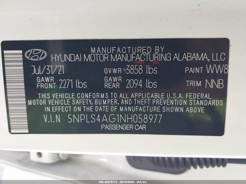 VIN 5NPLS4AG1NH058977 2022 HYUNDAI ELANTRA SEL