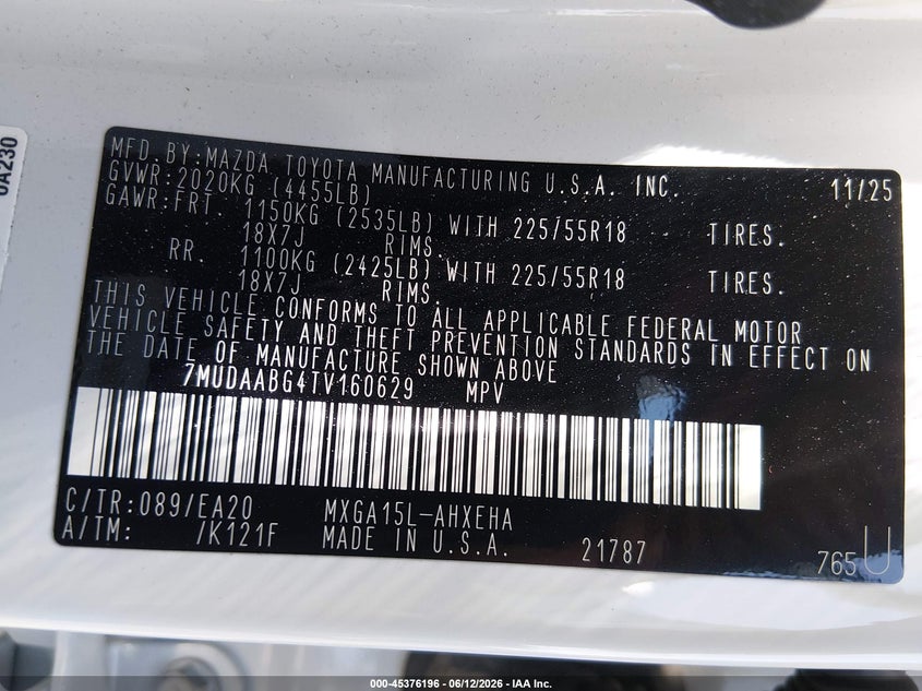 2026 Toyota Corolla Cross Xle VIN: 7MUDAABG4TV160629 Lot: 45376196