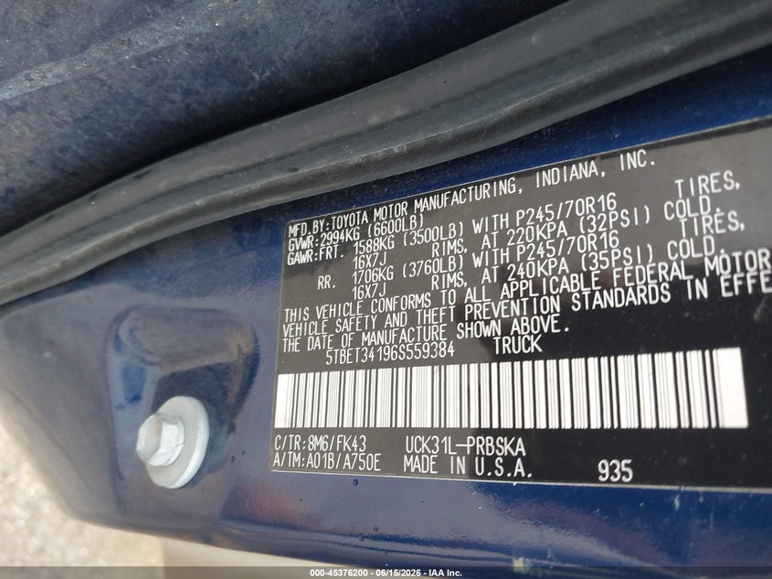 2006 Toyota Tundra Sr5 V8 VIN: 5TBET34196S559384 Lot: 45376200