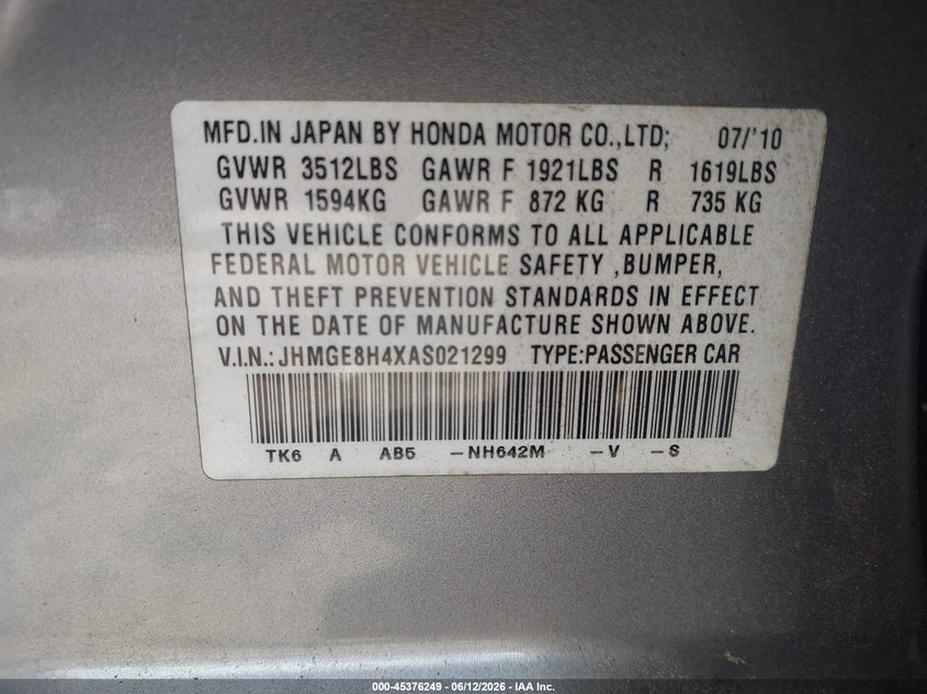 2010 Honda Fit Sport VIN: JHMGE8H4XAS021299 Lot: 45376249