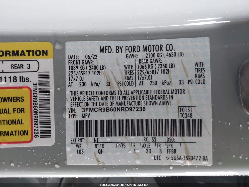 2022 Ford Bronco Sport Big Bend VIN: 3FMCR9B60NRD97236 Lot: 45376262