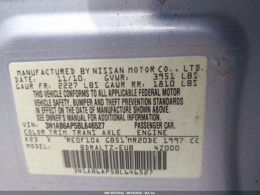 2011 NISSAN SENTRA SEDAN 2.0L I-4 DOHC, VVT, 140HP