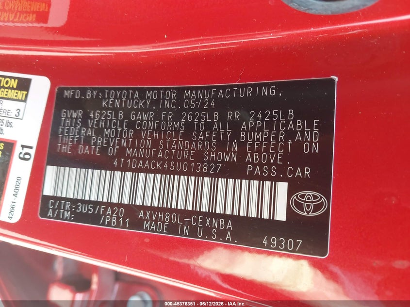 VIN 4T1DAACK4SU013827 2025 TOYOTA CAMRY LE