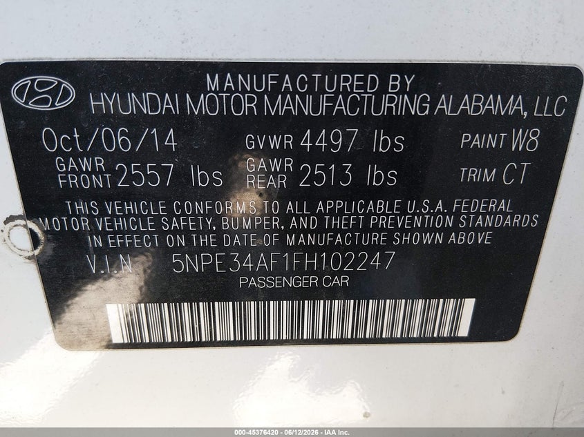 2015 Hyundai Sonata Limited VIN: 5NPE34AF1FH102247 Lot: 45376420