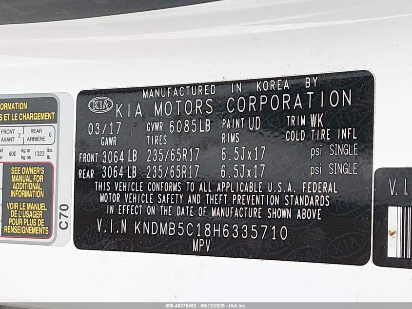 2017 Kia Sedona Lx VIN: KNDMB5C18H6335710 Lot: 45376462