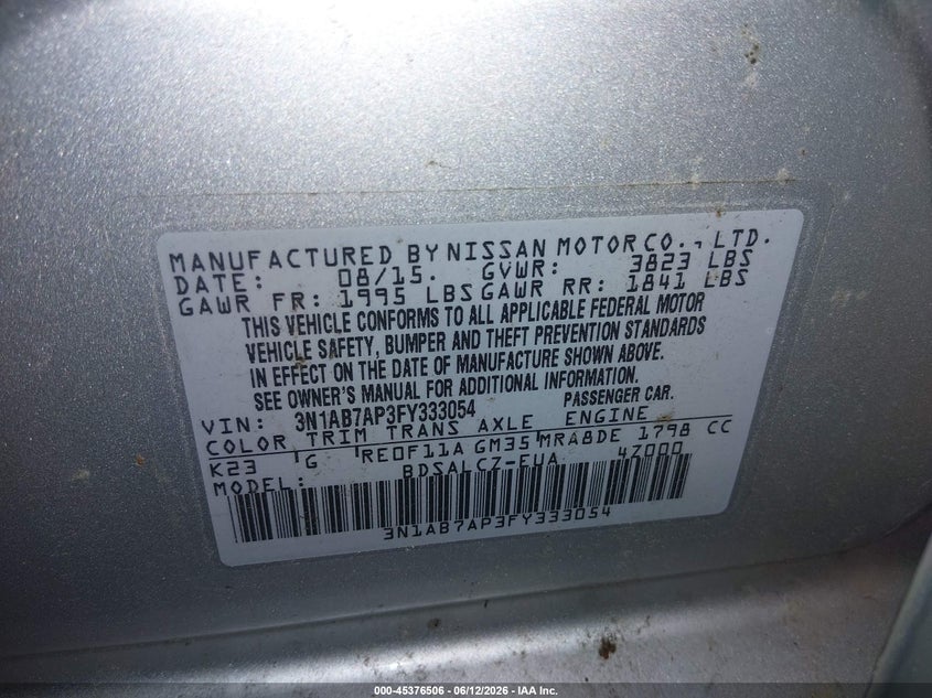 2015 Nissan Sentra S VIN: 3N1AB7AP3FY333054 Lot: 45376506