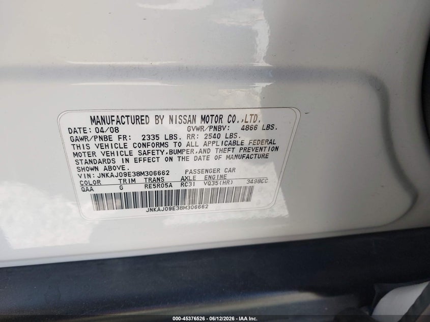 2008 Infiniti Ex35 Journey VIN: JNKAJ09E38M306662 Lot: 45376526