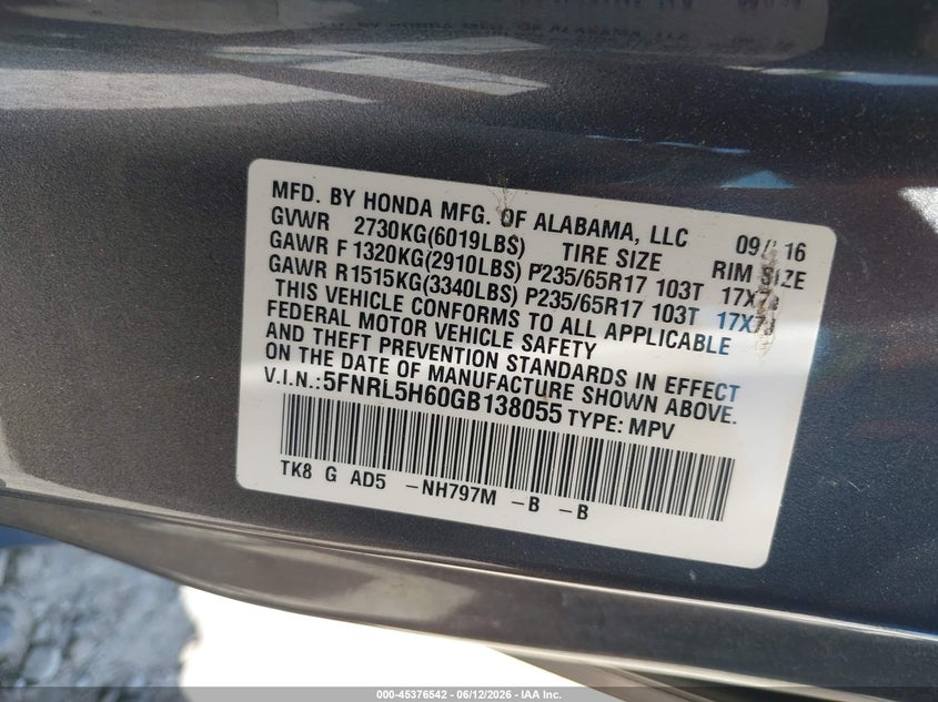 HONDA ODYSSEY 2016 VIN 5FNRL5H60GB138055