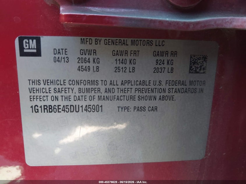 2013 Chevrolet Volt VIN: 1G1RB6E45DU145901 Lot: 45376628