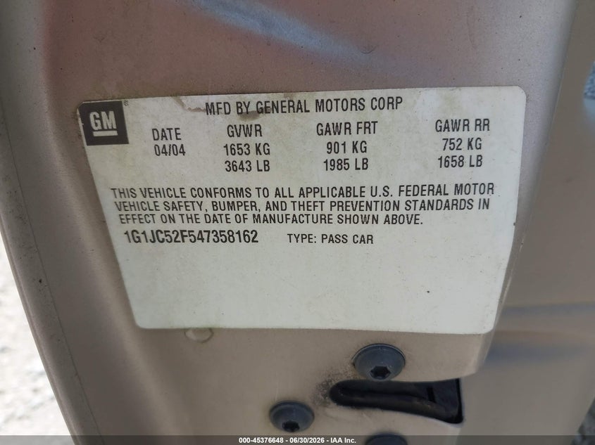CHEVROLET CAVALIER 2004 VIN 1G1JC52F547358162