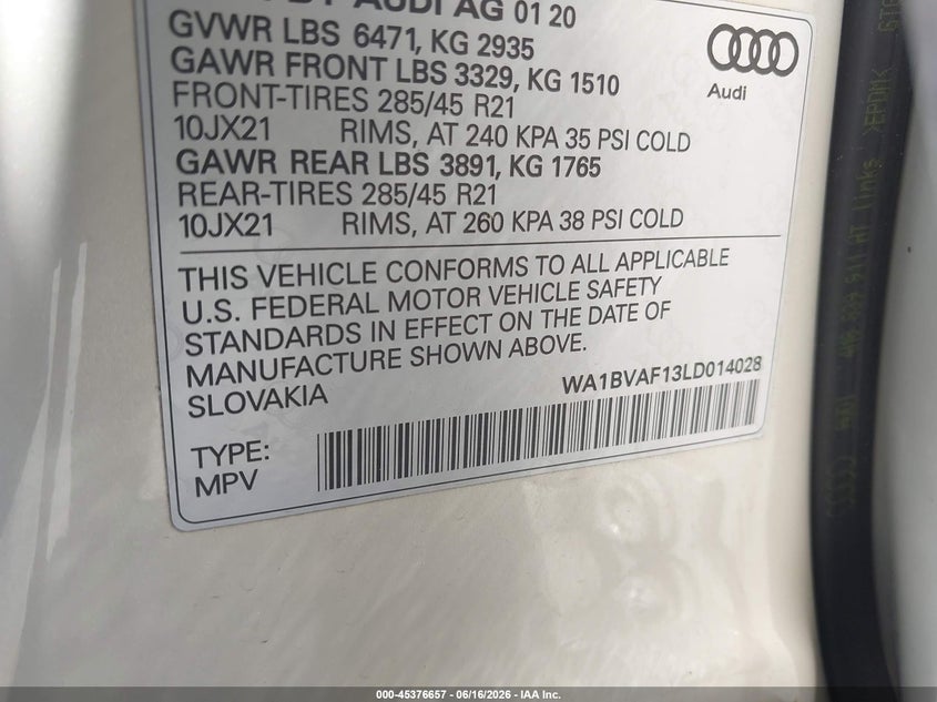 2020 Audi Q8 Premium Plus 55 Tfsi Quattro Tiptronic VIN: WA1BVAF13LD014028 Lot: 45376657