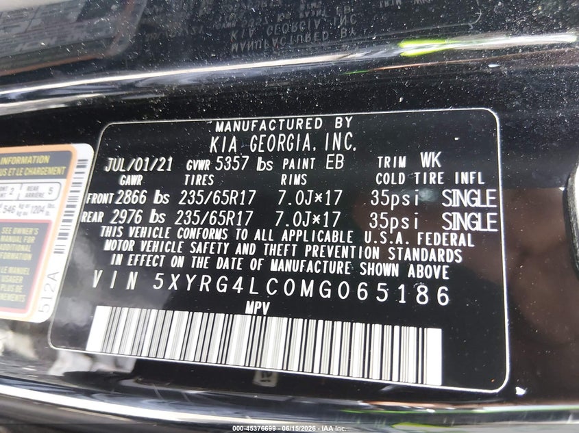 VIN 5XYRG4LC0MG065186 2021 KIA SORENTO LX