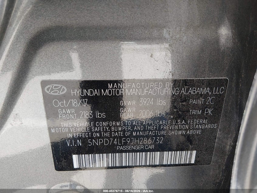 VIN 5NPD74LF9JH286732 2018 HYUNDAI ELANTRA SE