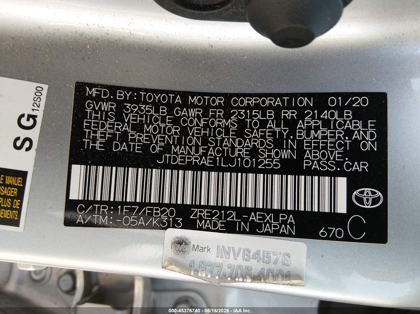 VIN JTDEPRAE1LJ101255 2020 TOYOTA COROLLA LE