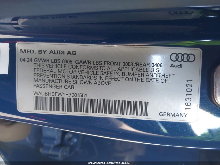 AUDI RS E-TRON GT 2024 VIN WAUBHBFW1R7901551
