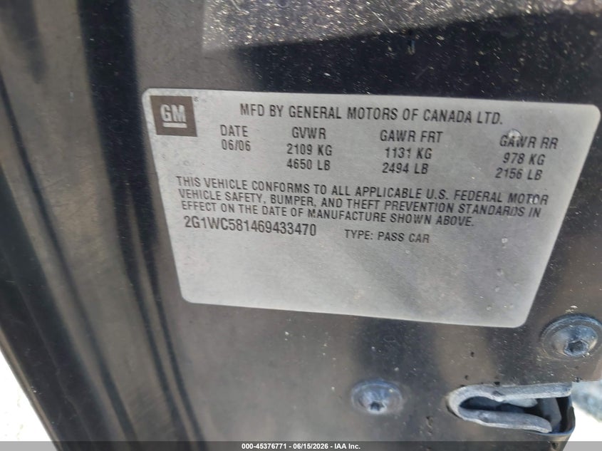 2006 CHEVROLET IMPALA SEDAN 3.9L V-6 VVT, 242HP