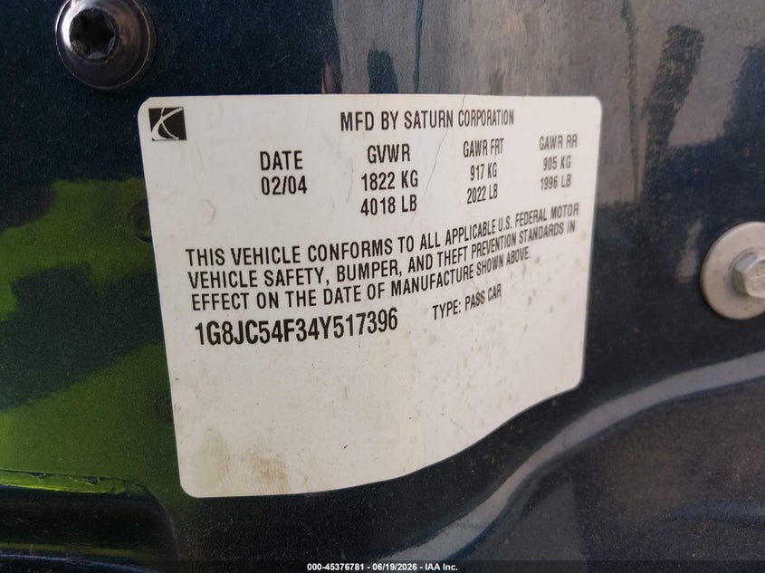 2004 SATURN LW SEDAN 2.2L I-4 DOHC, 140HP