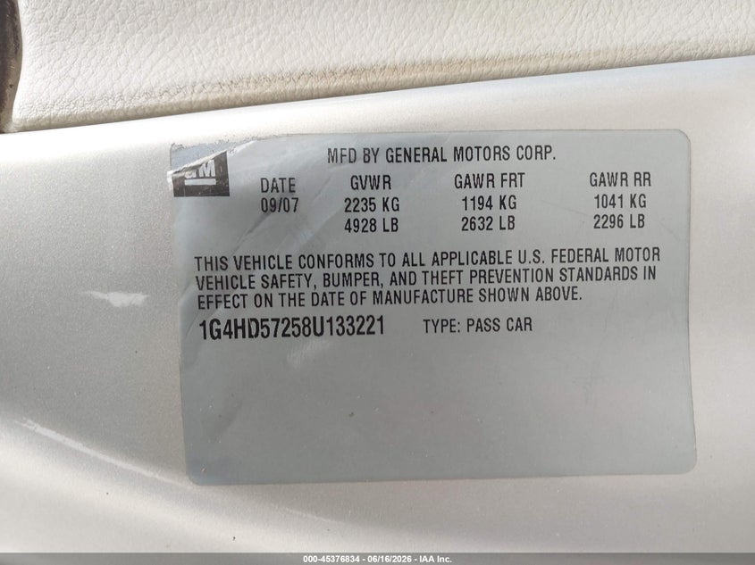 2008 Buick Lucerne Cxl VIN: 1G4HD57258U133221 Lot: 45376834
