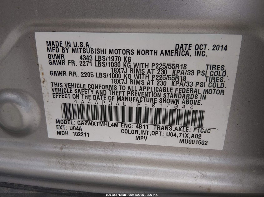 2015 MITSUBISHI OUTLANDER SPORT UTILITY VEHICLE 2.0L I-4 DOHC, VVT, 148HP