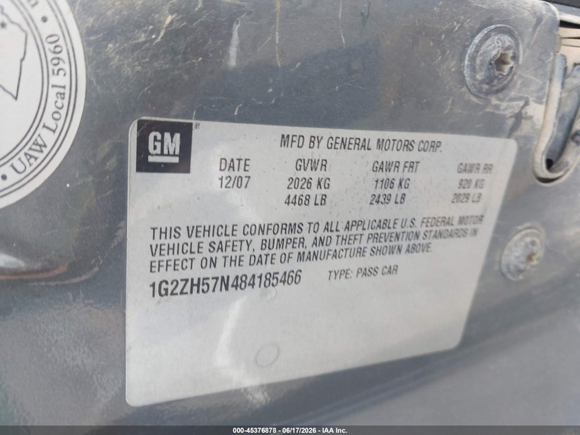 2008 Pontiac G6 Gt VIN: 1G2ZH57N484185466 Lot: 45376878