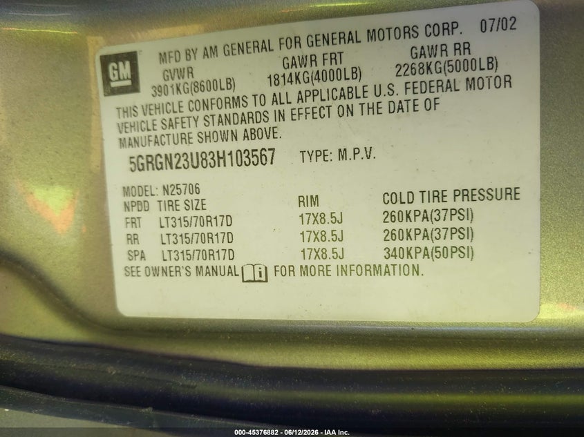 2003 Hummer H2 VIN: 5GRGN23U83H103567 Lot: 45376882