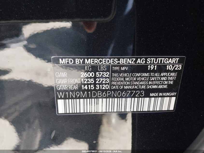 2023 Mercedes-Benz Eqb 350 Suv 4Matic VIN: W1N9M1DB6PN067723 Lot: 45376931