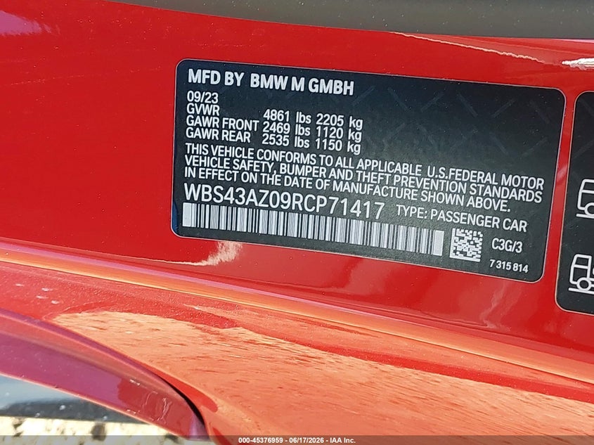 2024 BMW M4 Competition xDrive VIN: WBS43AZ09RCP71417 Lot: 45376959